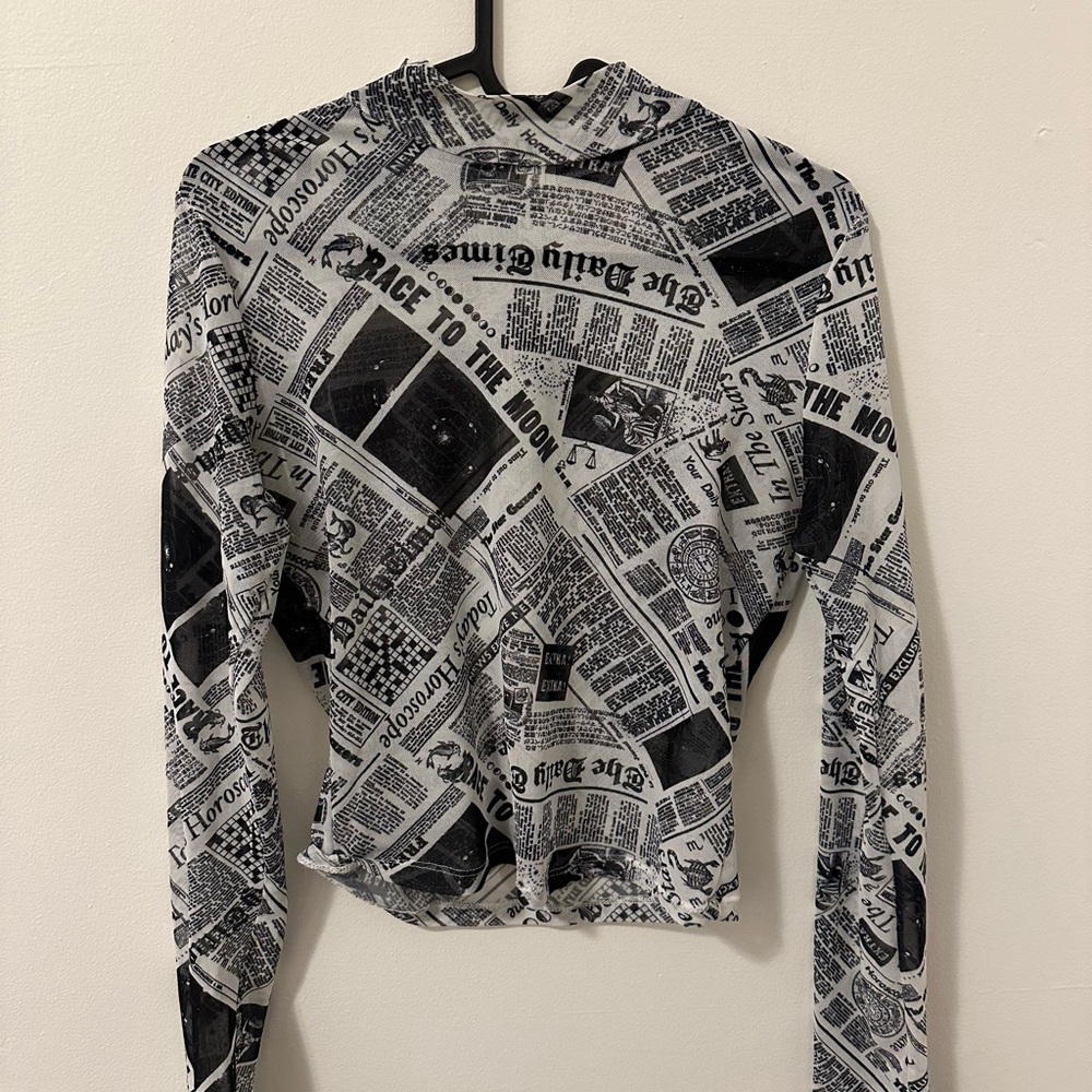 MEDIUM Garage Sheer Mock Neck Newspaper Long Sleeve